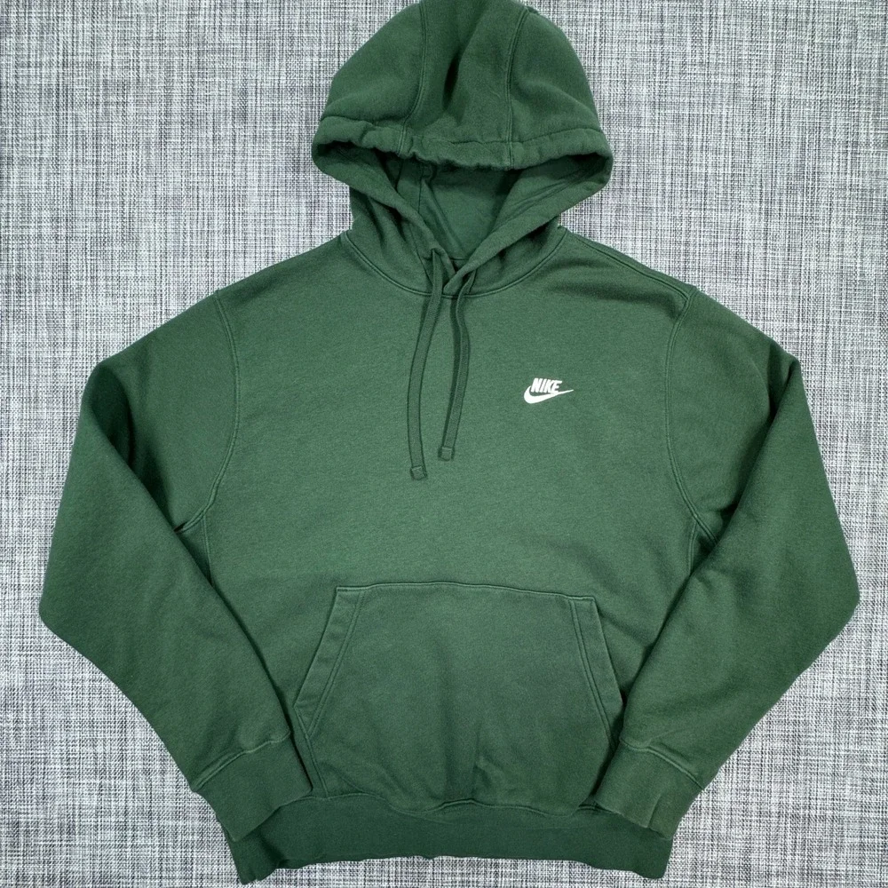 Nike Club Fleece Hoodie Mens Medium Green Cotton Blend Pullover Swoosh Logo